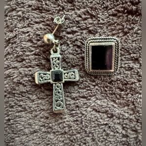 Silver and onyx rectangle (marked 925) and silver tone cross earrings